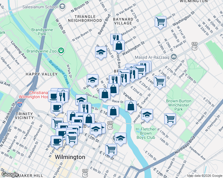 map of restaurants, bars, coffee shops, grocery stores, and more near 1805 North Market Street in Wilmington