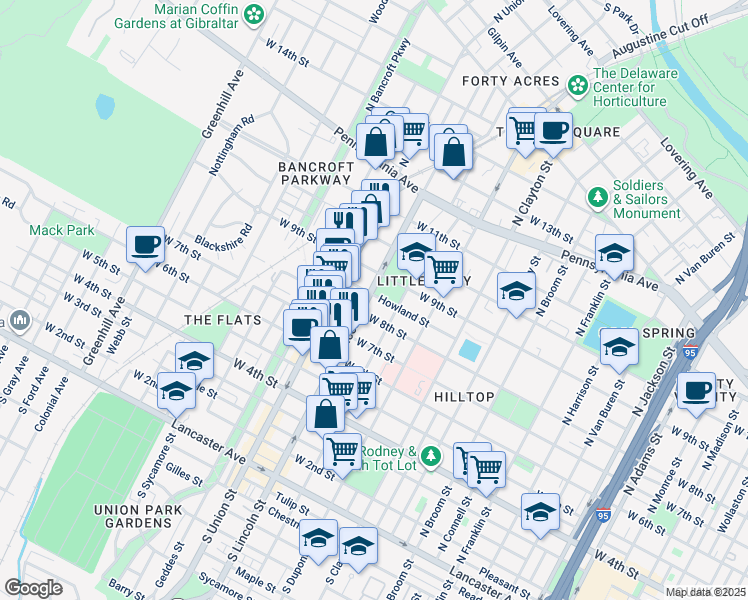 map of restaurants, bars, coffee shops, grocery stores, and more near in Wilmington