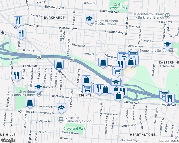 map of restaurants, bars, coffee shops, grocery stores, and more near 1350 Jordan Avenue in Dayton