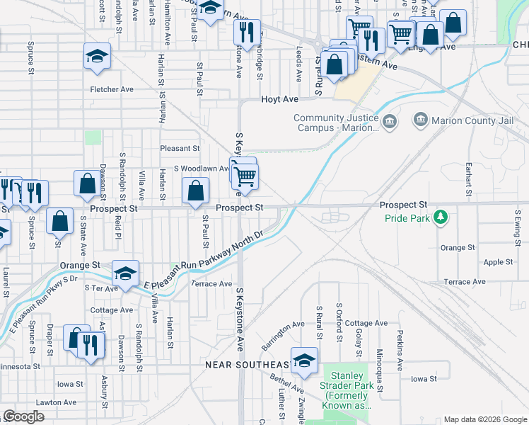map of restaurants, bars, coffee shops, grocery stores, and more near 1129 Trowbridge Street in Indianapolis
