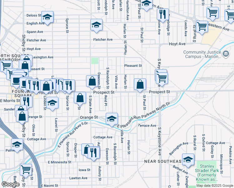 map of restaurants, bars, coffee shops, grocery stores, and more near 1136 Villa Avenue in Indianapolis
