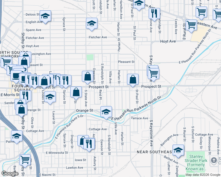map of restaurants, bars, coffee shops, grocery stores, and more near 1136 Villa Avenue in Indianapolis