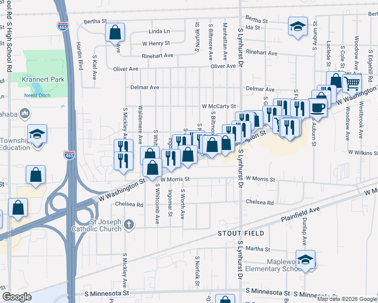 map of restaurants, bars, coffee shops, grocery stores, and more near 5515 West Washington Street in Indianapolis