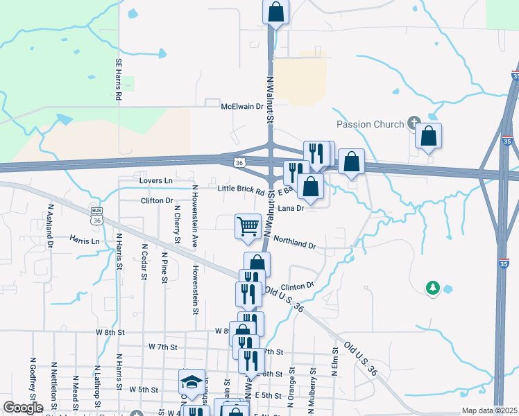 map of restaurants, bars, coffee shops, grocery stores, and more near 1559 North Walnut Street in Cameron