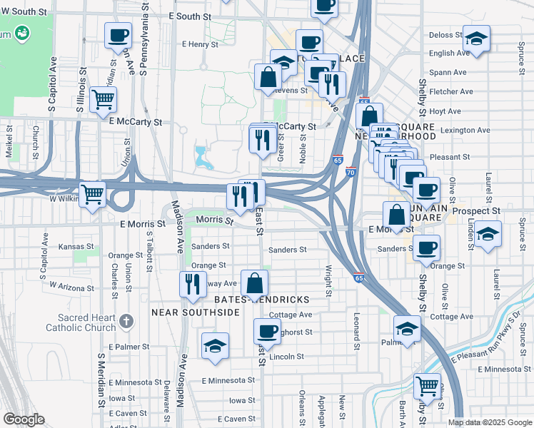 map of restaurants, bars, coffee shops, grocery stores, and more near 1127 South East Street in Indianapolis