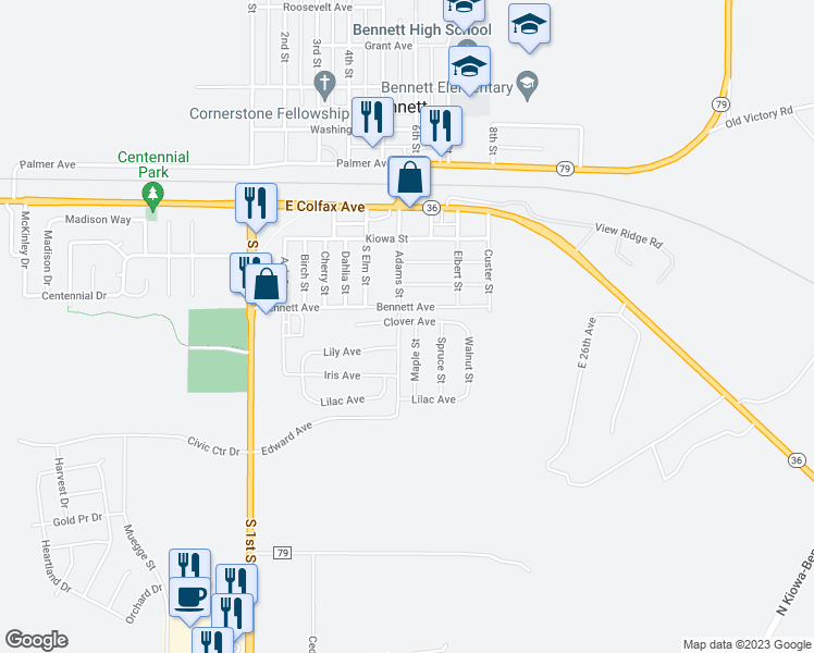 map of restaurants, bars, coffee shops, grocery stores, and more near 305 Maple Street in Bennett