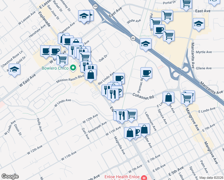 map of restaurants, bars, coffee shops, grocery stores, and more near 19 Williamsburg Lane in Chico