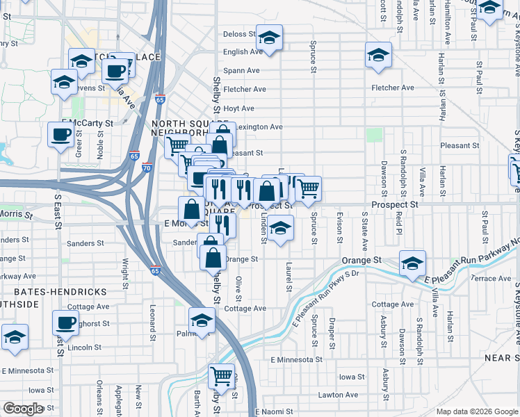 map of restaurants, bars, coffee shops, grocery stores, and more near 1123 Olive Street in Indianapolis