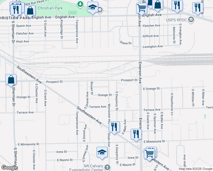 map of restaurants, bars, coffee shops, grocery stores, and more near 1122 Worcester Avenue in Indianapolis