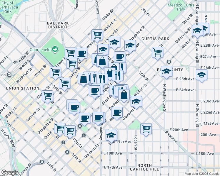 map of restaurants, bars, coffee shops, grocery stores, and more near 2135 Stout Street in Denver