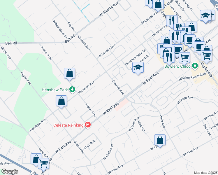 map of restaurants, bars, coffee shops, grocery stores, and more near 670 Royce Lane in Chico