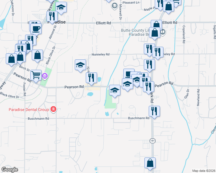 map of restaurants, bars, coffee shops, grocery stores, and more near 509 Pearson Road in Paradise