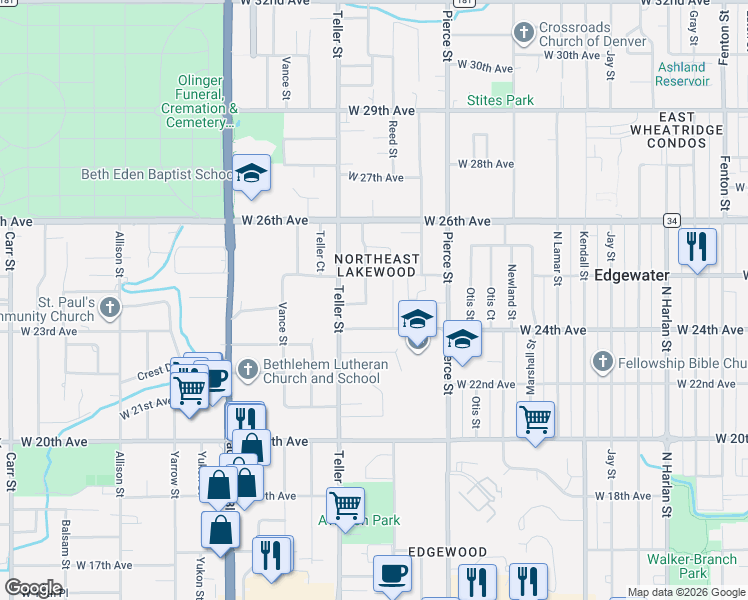map of restaurants, bars, coffee shops, grocery stores, and more near 7015 West 24th Avenue in Lakewood