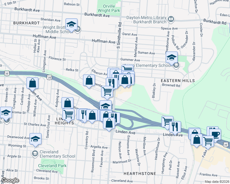 map of restaurants, bars, coffee shops, grocery stores, and more near 1111 South Smithville Road in Dayton