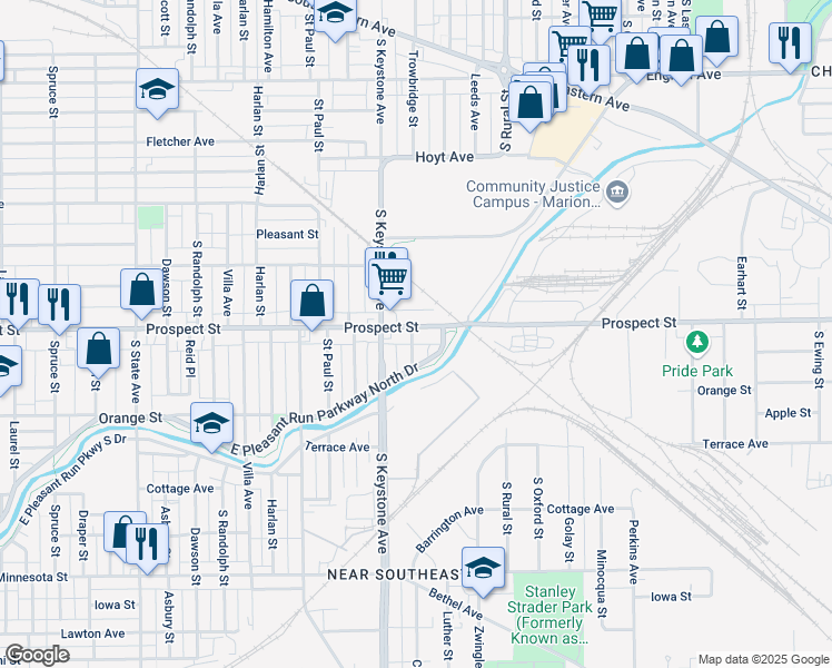 map of restaurants, bars, coffee shops, grocery stores, and more near 2501 Prospect Street in Indianapolis