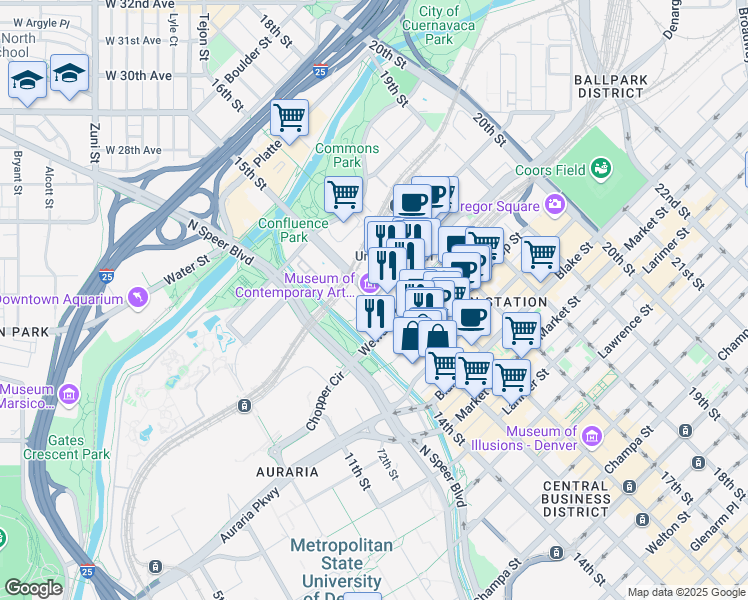 map of restaurants, bars, coffee shops, grocery stores, and more near 1490 Delgany Street in Denver