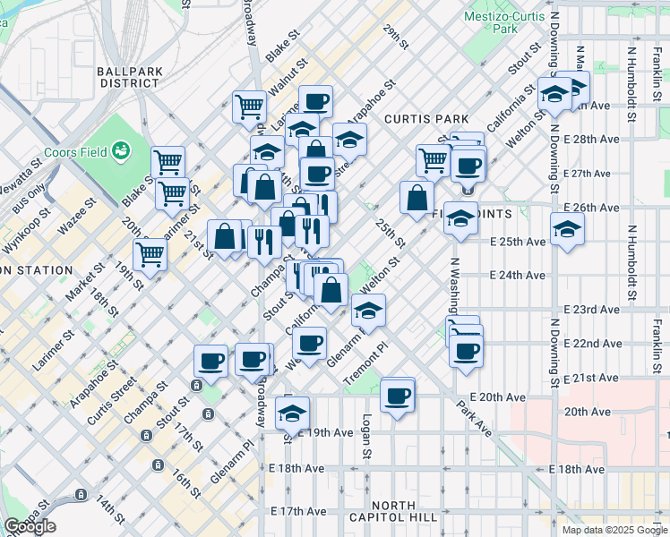 map of restaurants, bars, coffee shops, grocery stores, and more near 711 Park Avenue West in Denver