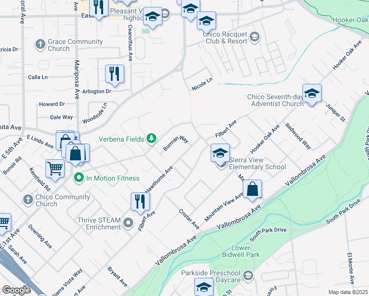 map of restaurants, bars, coffee shops, grocery stores, and more near 1582 Hawthorne Avenue in Chico