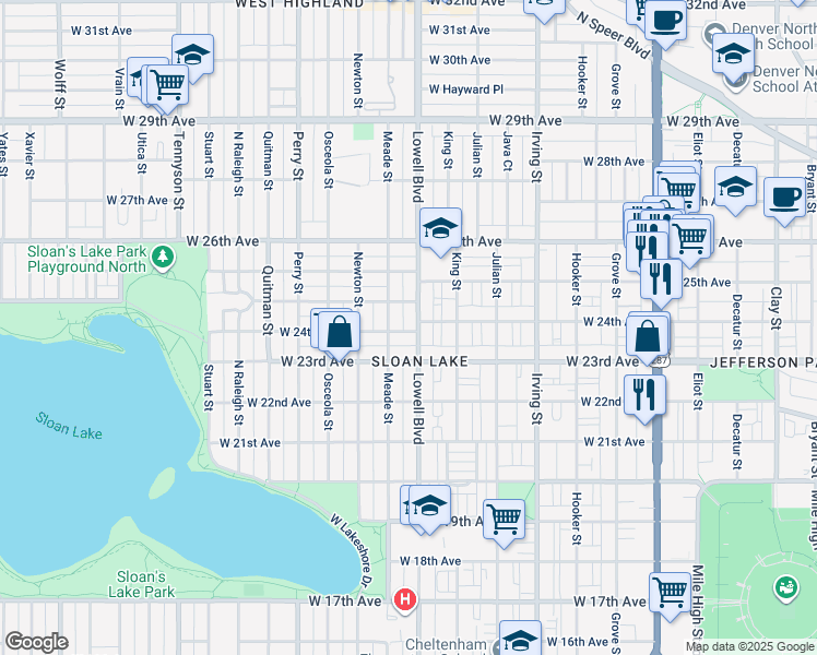 map of restaurants, bars, coffee shops, grocery stores, and more near 3625 West 24th Avenue in Denver