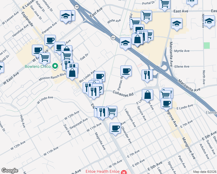 map of restaurants, bars, coffee shops, grocery stores, and more near 250 Cohasset Road in Chico