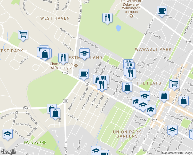 map of restaurants, bars, coffee shops, grocery stores, and more near 3000 Conrad Street in Wilmington