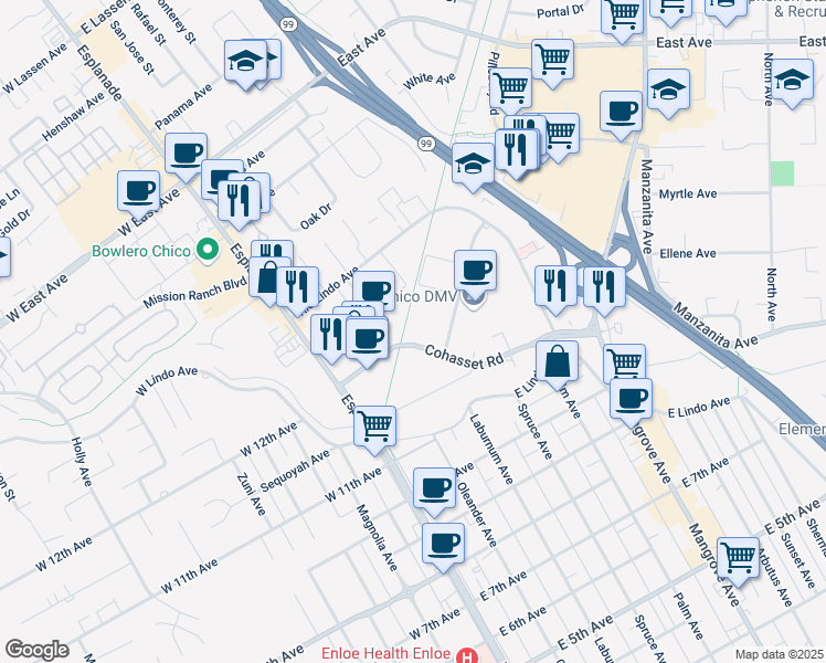 map of restaurants, bars, coffee shops, grocery stores, and more near 250 Cohasset Road in Chico