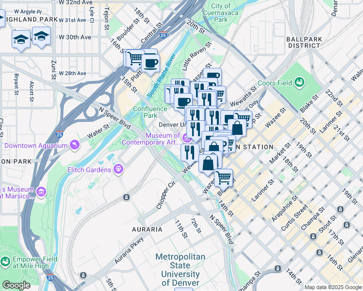 map of restaurants, bars, coffee shops, grocery stores, and more near 1479 Delgany Street in Denver