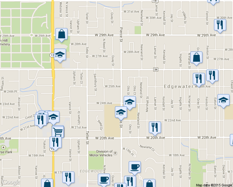 map of restaurants, bars, coffee shops, grocery stores, and more near 2477 Pierce St in Denver