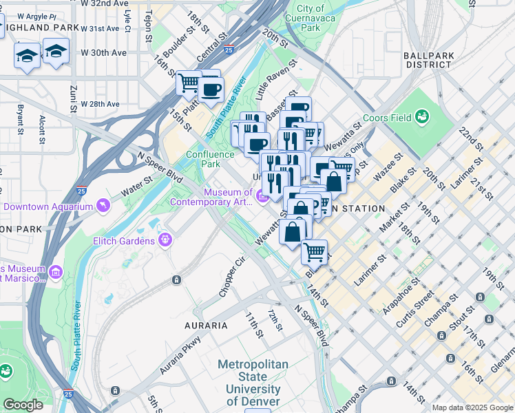 map of restaurants, bars, coffee shops, grocery stores, and more near 1485 Delgany Street in Denver
