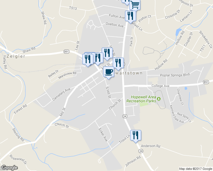 map of restaurants, bars, coffee shops, grocery stores, and more near 12 South Hill Street in Stewartstown