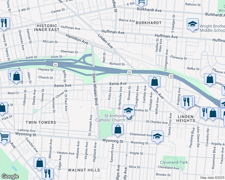 map of restaurants, bars, coffee shops, grocery stores, and more near 520 Pritz Avenue in Dayton