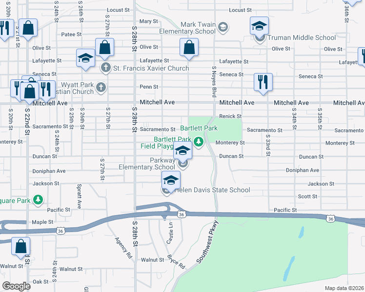 map of restaurants, bars, coffee shops, grocery stores, and more near 2926 Sacramento Street in Saint Joseph