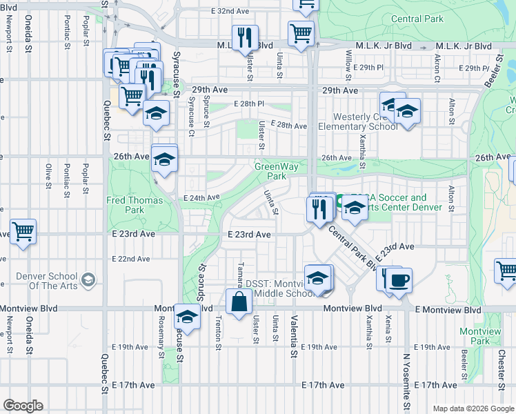 map of restaurants, bars, coffee shops, grocery stores, and more near Ulster Street in Denver