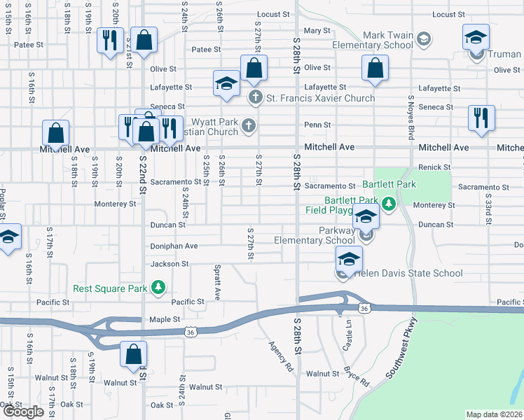 map of restaurants, bars, coffee shops, grocery stores, and more near 1512 South 27th Street in Saint Joseph