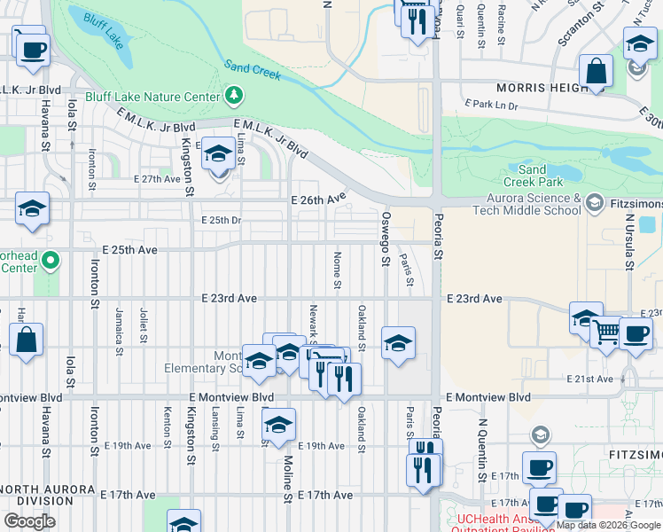 map of restaurants, bars, coffee shops, grocery stores, and more near 2398 Nome Street in Aurora