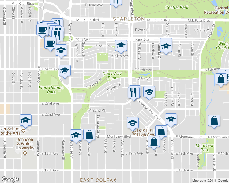 map of restaurants, bars, coffee shops, grocery stores, and more near 2459 Uinta Street in Denver