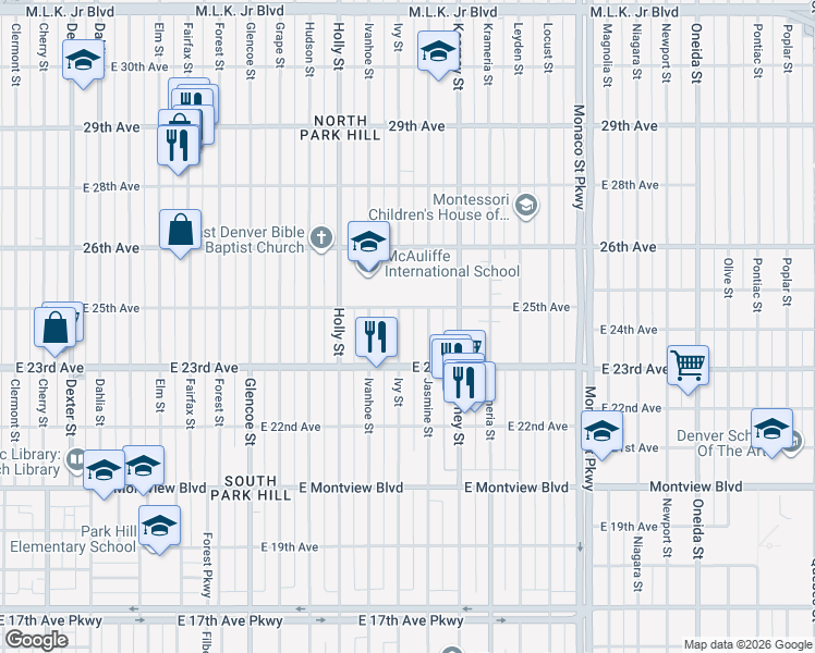map of restaurants, bars, coffee shops, grocery stores, and more near 2389 Jasmine Street in Denver