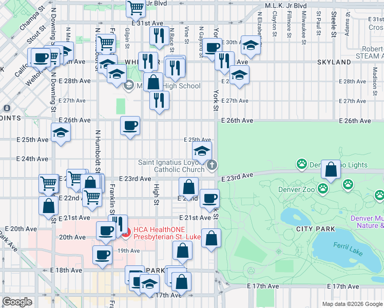 map of restaurants, bars, coffee shops, grocery stores, and more near 2449 Vine Street in Denver