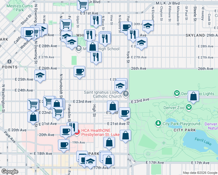 map of restaurants, bars, coffee shops, grocery stores, and more near 2449 Vine Street in Denver