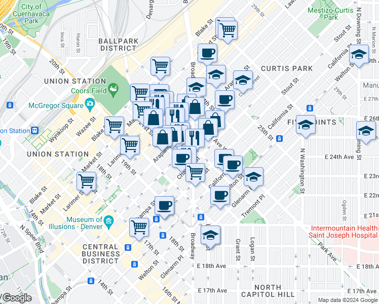 map of restaurants, bars, coffee shops, grocery stores, and more near in Denver