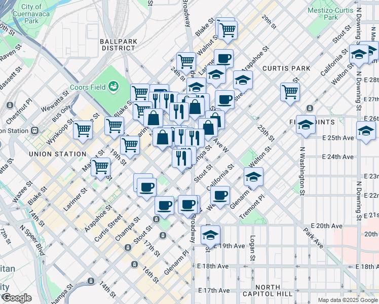 map of restaurants, bars, coffee shops, grocery stores, and more near 2165 Curtis Street in Denver