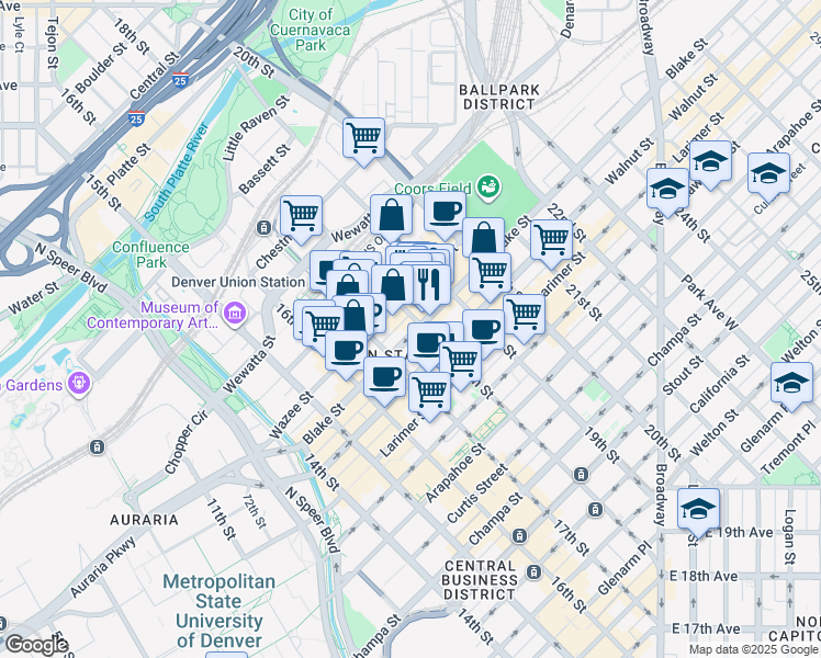 map of restaurants, bars, coffee shops, grocery stores, and more near in Denver