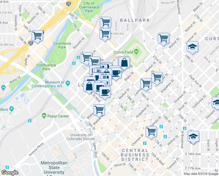 map of restaurants, bars, coffee shops, grocery stores, and more near 1743 Wazee Street in Denver
