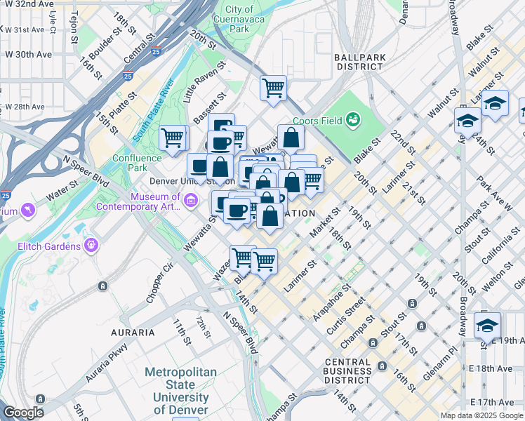 map of restaurants, bars, coffee shops, grocery stores, and more near 1700 Wewatta Street in Denver