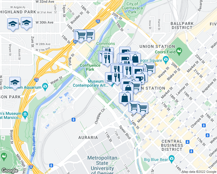 map of restaurants, bars, coffee shops, grocery stores, and more near 2000 16th Street Mall in Denver