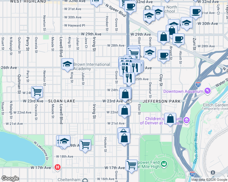 map of restaurants, bars, coffee shops, grocery stores, and more near 2427 Grove Street in Denver