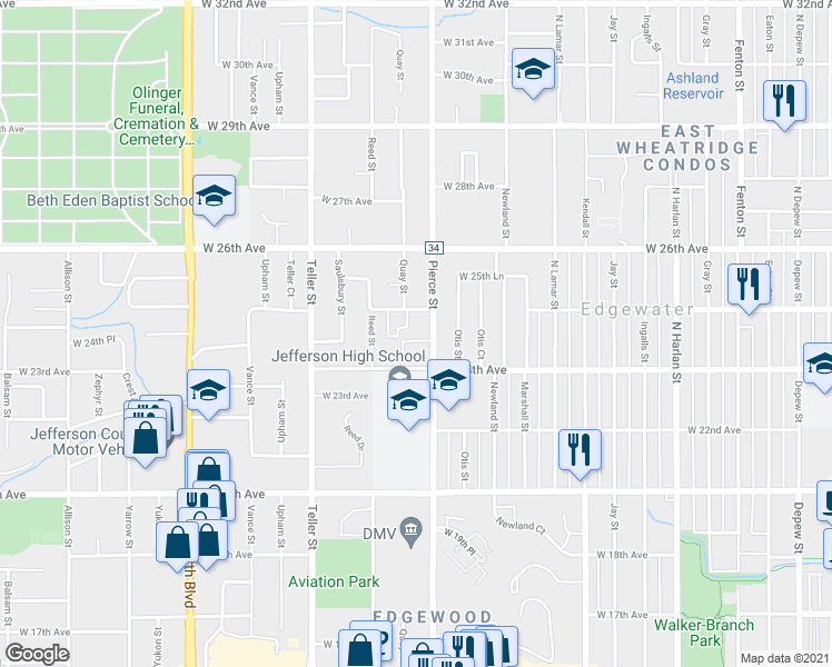 map of restaurants, bars, coffee shops, grocery stores, and more near 2505 Pierce Street in Lakewood