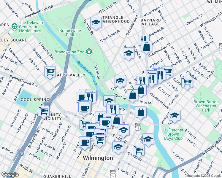 map of restaurants, bars, coffee shops, grocery stores, and more near 219 West 17th Street in Wilmington