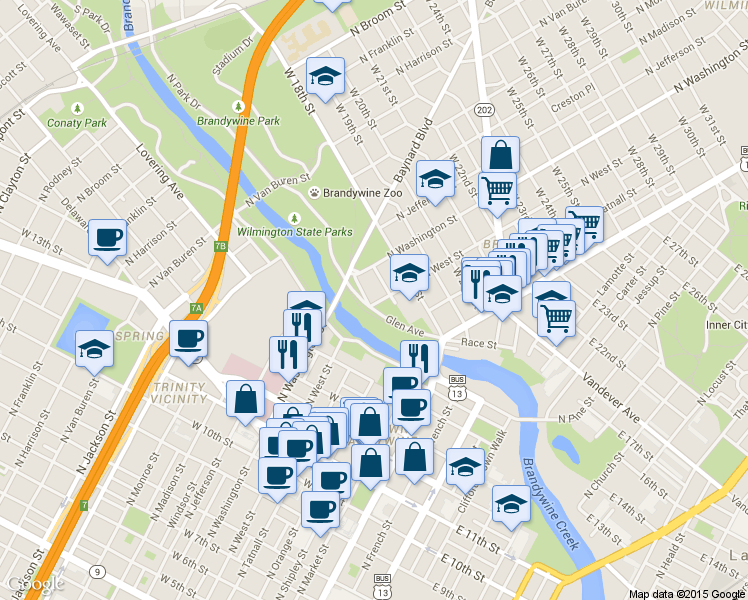 map of restaurants, bars, coffee shops, grocery stores, and more near 219 West 17th Street in Wilmington