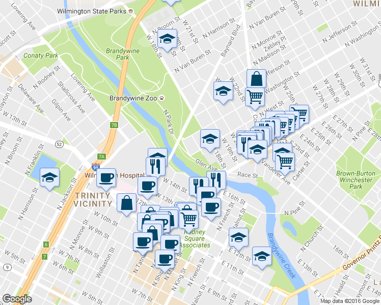 map of restaurants, bars, coffee shops, grocery stores, and more near 219 West 17th Street in Wilmington